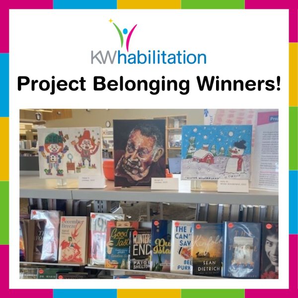 Project Belonging winning art pieces on display at the library.