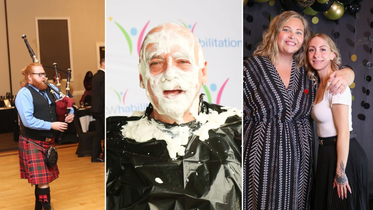 There are three photos here. On the left is a photo of Dylan from Early Learning playing the bagpipes at our Scotch Tasting Event. In the middle is our Director of Early Learning John Martin smiling after getting a pie in the face from our Pie in the Face Day. On the right is Kirstin and Margie from our Communications Team smiling at our Scotch Tasting Event.