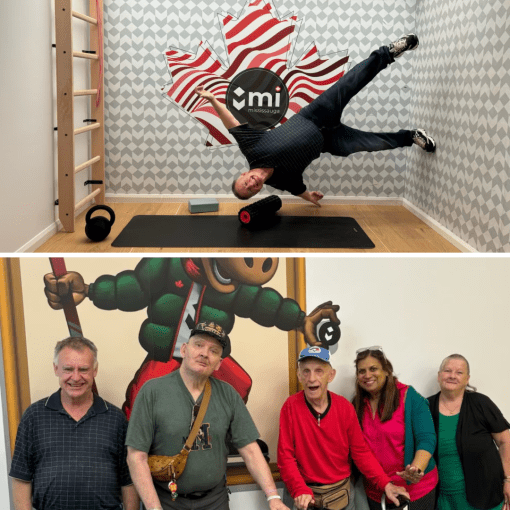 (Above) Jim pretending to stand on one hand! (Below) Jim, Mike, Tony, Susan, and Donna Smiling together at the Mi Museum.