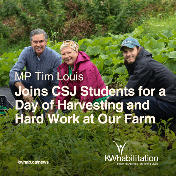 MP Tim Louis, Our Farm Coordinator Jenny Weickert and two Canada Summer Job employees Aidan and Evie smiling while harvesting vegetables together at Our Farm. They are all kneeling in tall greenery at the David Fischer Residence Our Farm location.