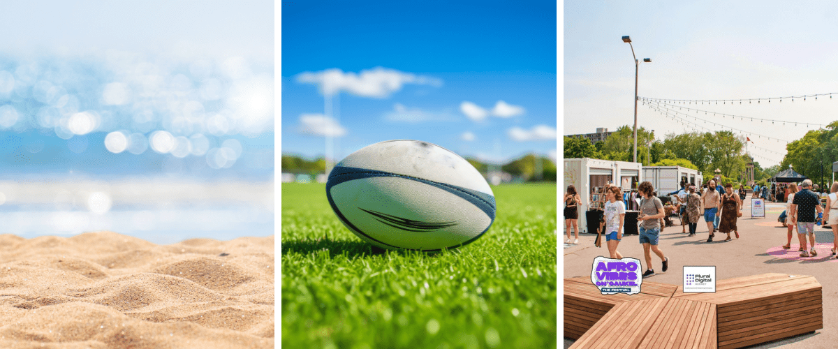 There are three photos here. On the left is a photo of a beach. In the middle is a photo of a rugby ball, and on the right is a photo of a Afrofest.