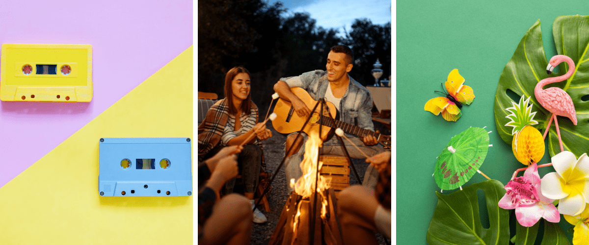 There are three photos here. On the left is a photo of a cassette tapes. In the middle is a photo of friends around a campfire, and on the right is a photo of colourful summer items.