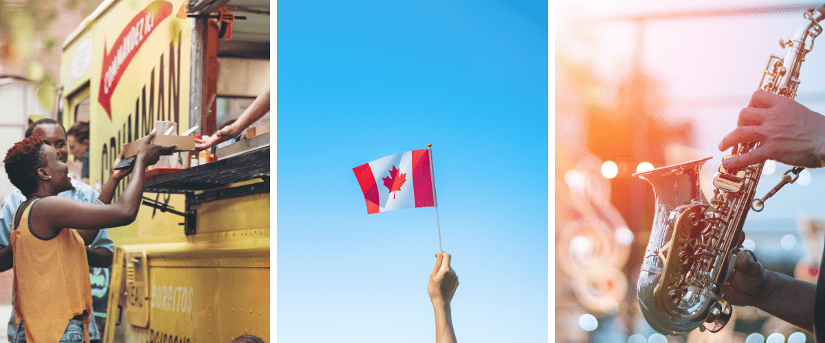 There are three photos here. On the left is a photo of a food truck festival. In the middle is a photo of a Canadian flag, and on the right is a photo of a food truck festival.