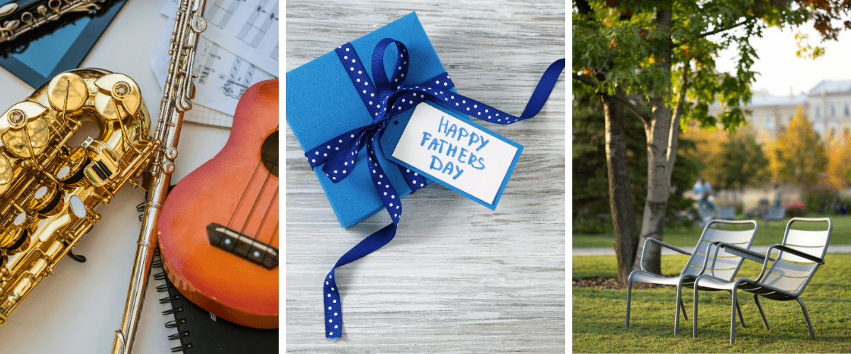 There are three photos here. On the left is a photo of instruments. In the middle is a photo of a Father's Day gift, and on the right is a photo of lawn chairs.