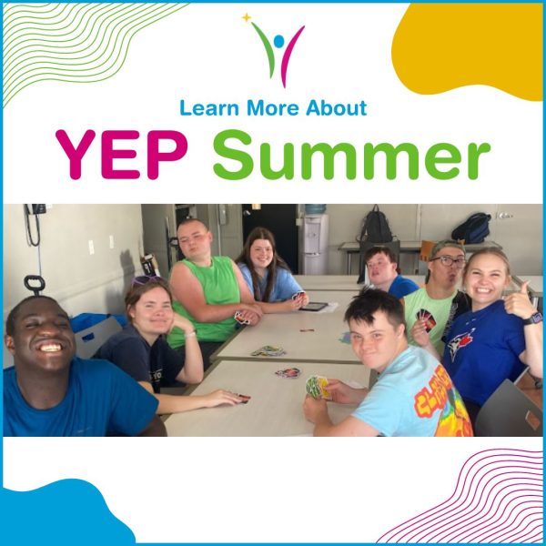 Learn About YEP Summer. Pictured is a group of 8 youth aged 13-21 smiling and sitting at a table with their friends.