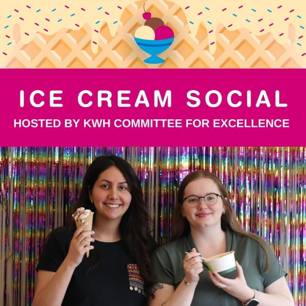 Ice Cream Social Hosted By Committee for Excellence. Pictured are two staff members smiling and holding ice cream cones!