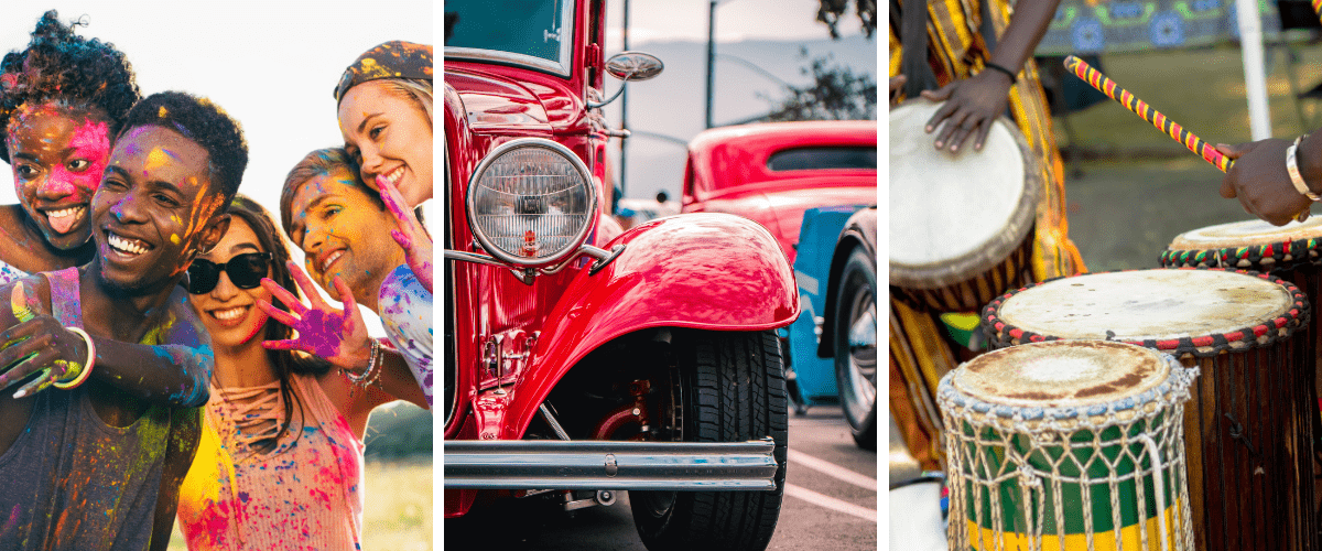 There are three photos. The photo on the left is people of different cultures having fun at a festival. The middle photo is of an old car. The right photo is of somebody playing african drums. 