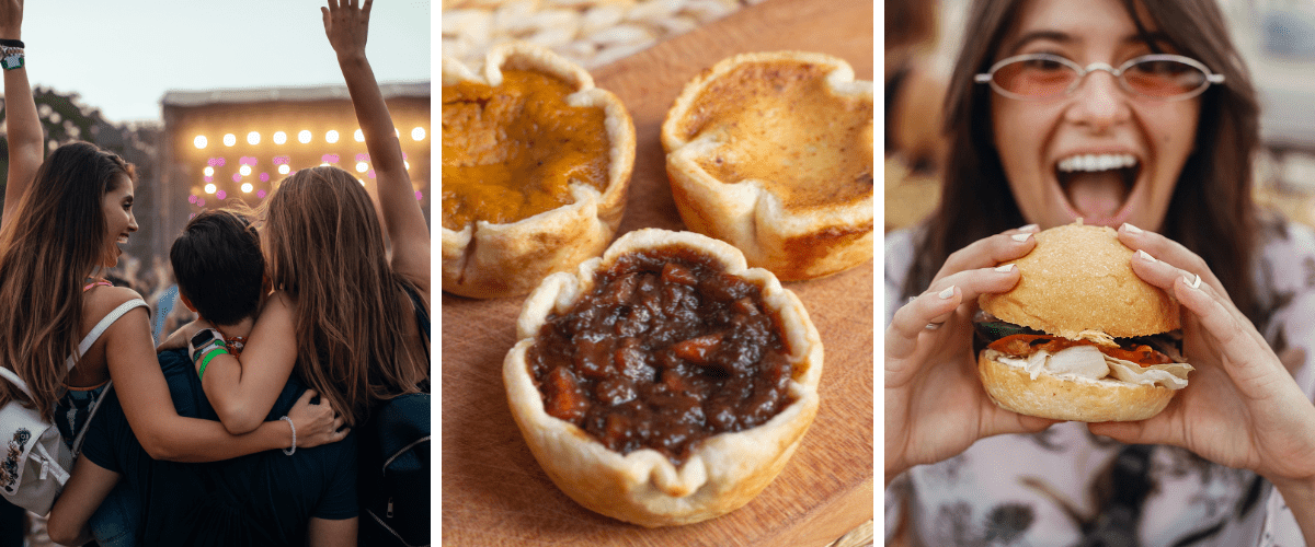 There are three photos here. On the left is a photo of a people at a music festival. In the middle is a photo of butter tarts, and on the right is a photo of a person at a food festival.