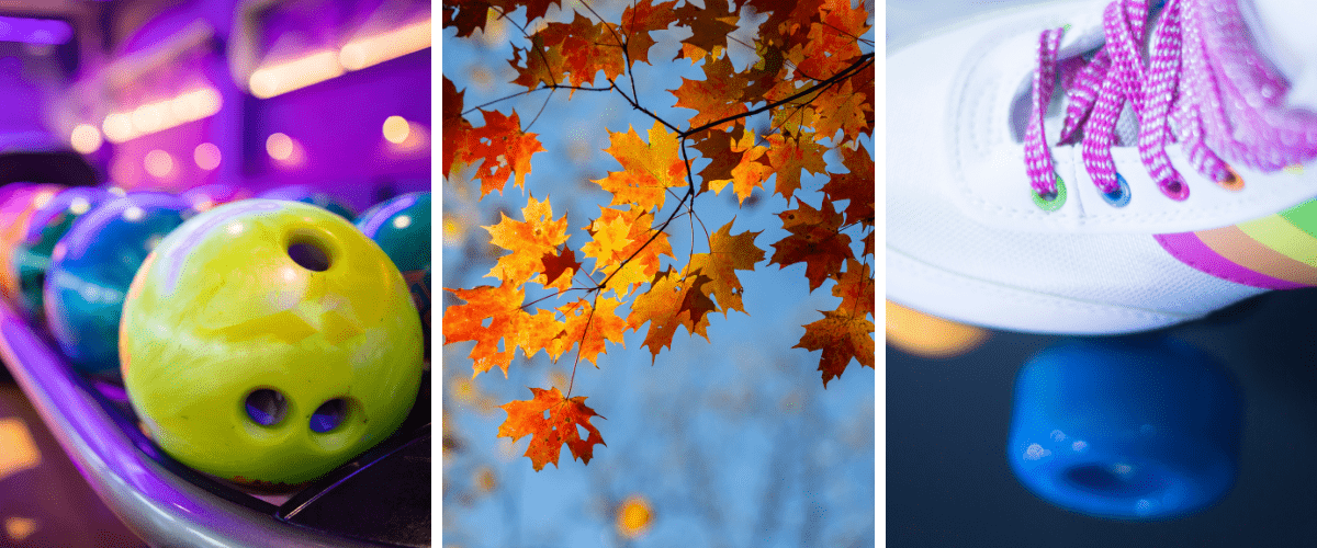 There are three photos here. On the left is a photo of a bowling alley. In the middle is a photo of fall leaves, and on the right is a photo of a roller skates.