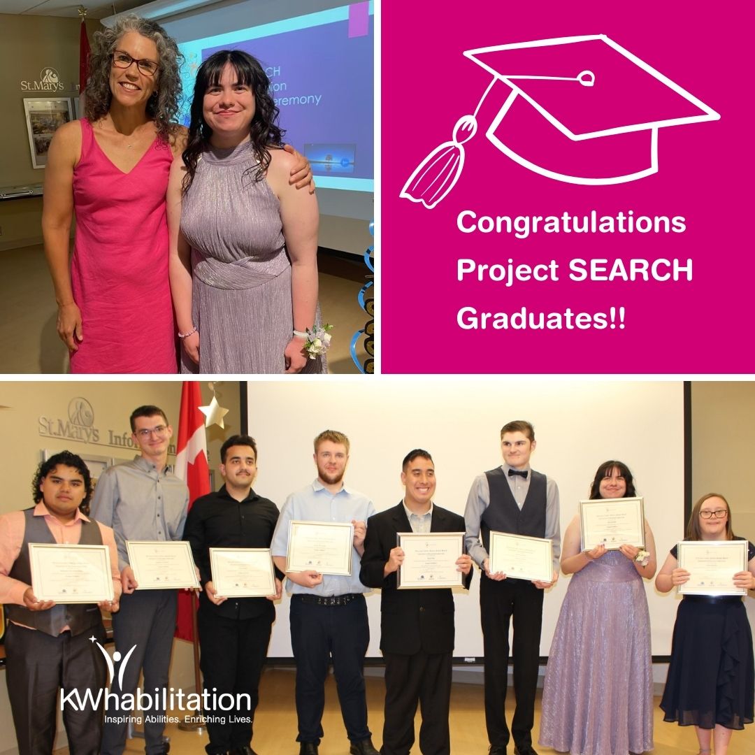 Congratulations Project SEARCH Graduates!! (Picture of graduates smiling and holding up their certificates at St. Mary's Hospital.)