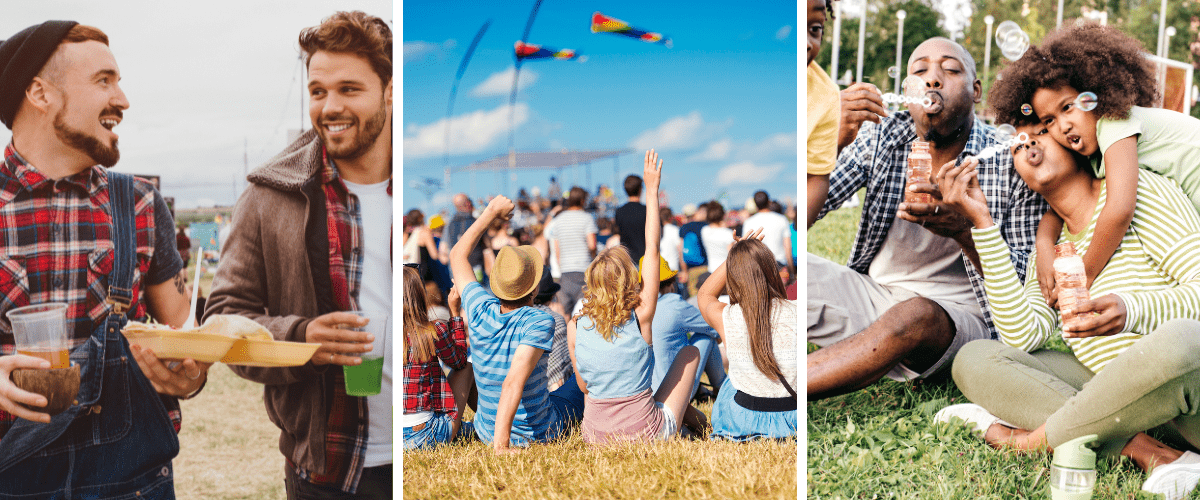 There are three pictures. The one on the left are men having food outside and laughing. Picture in the middle are people sitting at an event having fun. Picture number three are people having fun with their children outside. 