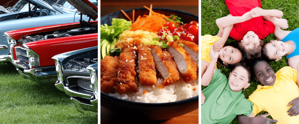 There are three pictures. Picture on the left is of cars with their hoods open. Picture 2 is of a rice bowl. Picture 3 is of children having fun. 