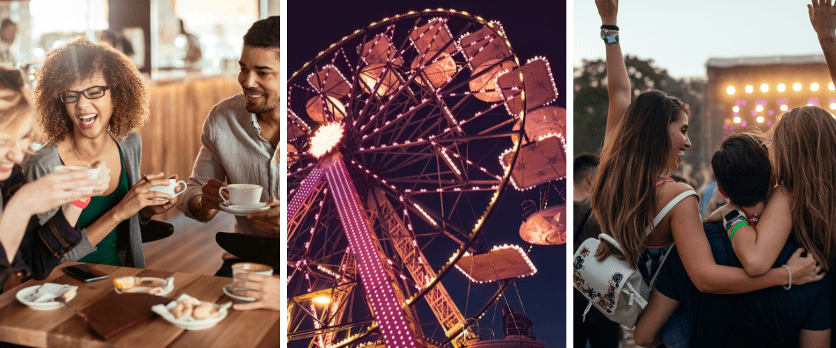 There are three pictures. Pic on the left is of people having a good time drinking coffee together. The middle pic is of a ferris wheel at the fair. The pic on the right is of people having fun at a music festival.