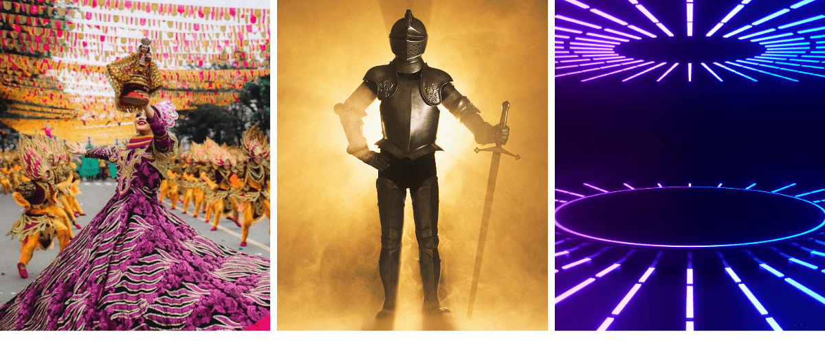 Picture on left is a multicultural dress, picture in middle is of a knight, picture on the right is of a light display