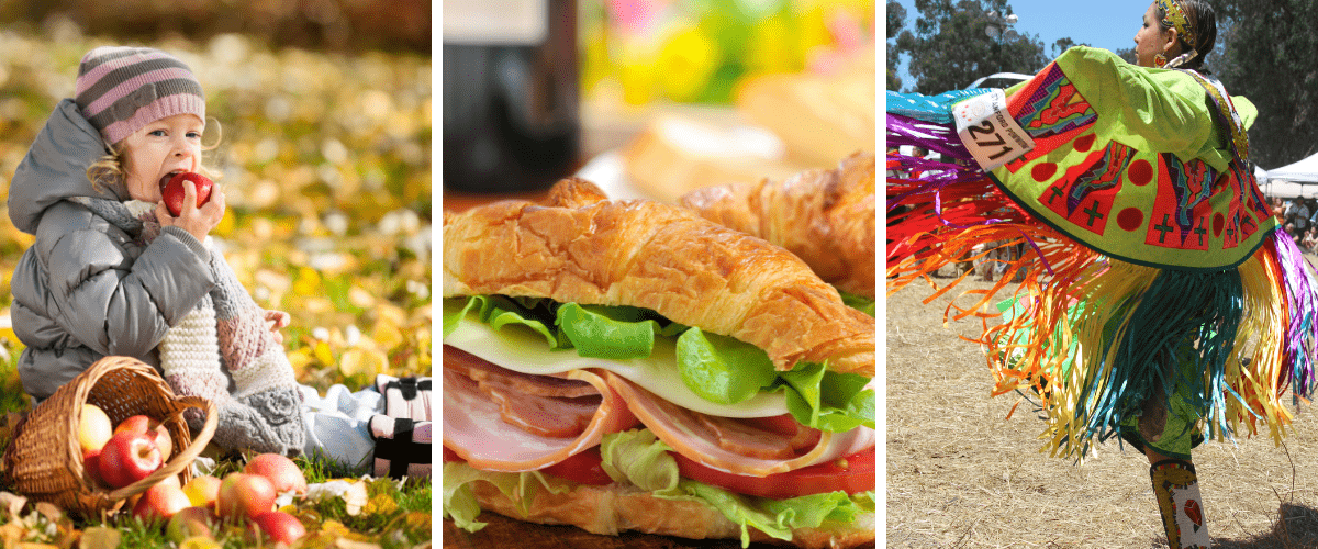 There are three pictures. Picture on the left is of a girl child eating an apple in fall. Second picture is of a sandwich and the third picture is of a pow wow