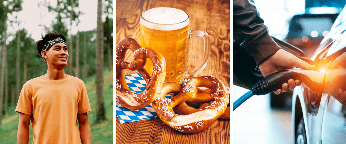 There are three pictures. one on the left is of a person wearing an orange shirt. Picture in the middle is of a stein of beer and a pretzel and the picture on the right is of a person charging their eclectic car.