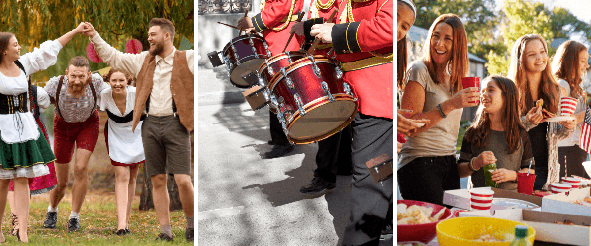 There are three pictures. The one on the left is of people dressed up for Oktoberfest. The middle picture is of people playing the drums for a parade and the third picture is of neighbours doing something together.