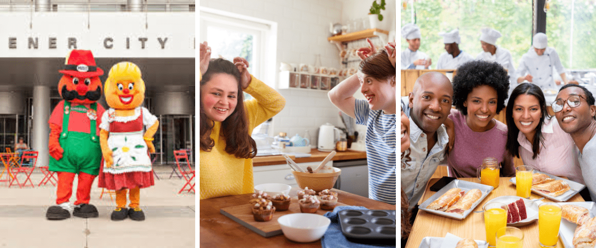 There are three photos. The on on the left is of the Oktoberfest mascot. The middle one is of people baking and the third picture is of people eating at restaurant