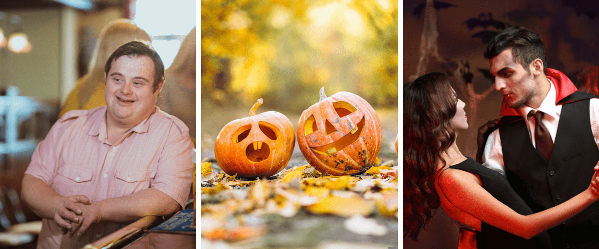 There are three pictures. Picture on the left is a person with down syndrome. Picture in middle is of two carved pumpkins and the one on the right is of vampires.