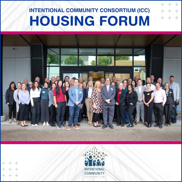 Guests of the Intentional Community Consortium (ICC) Housing Forum gathered together for a group photo outside of KW Habilitation.