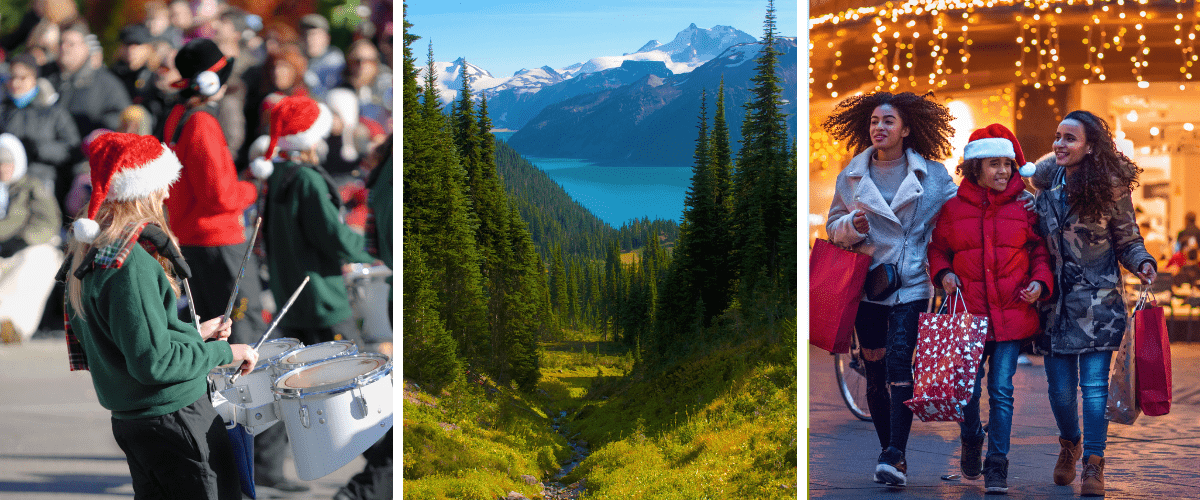 There are three pictures. The on on the left is of people playing drums in holiday hat. The middle one is of the mountains and trees. The one on the right is of people shopping for the holidays. 