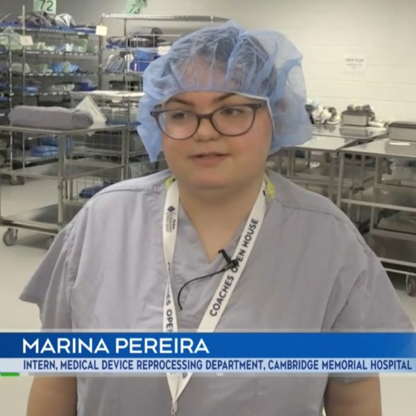 Marina Pereira, an intern in the Medical Device Reprocessing Department at the Cambridge Memorial Hospital. Photo from CTV News clip.