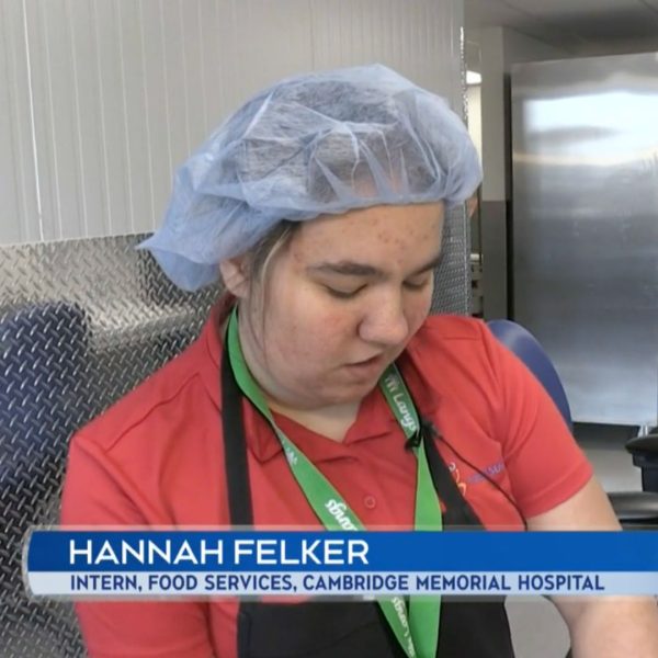 Hannah Felker an intern in Food Services at the Cambridge Memorial Hospital. Photo from CTV News clip.