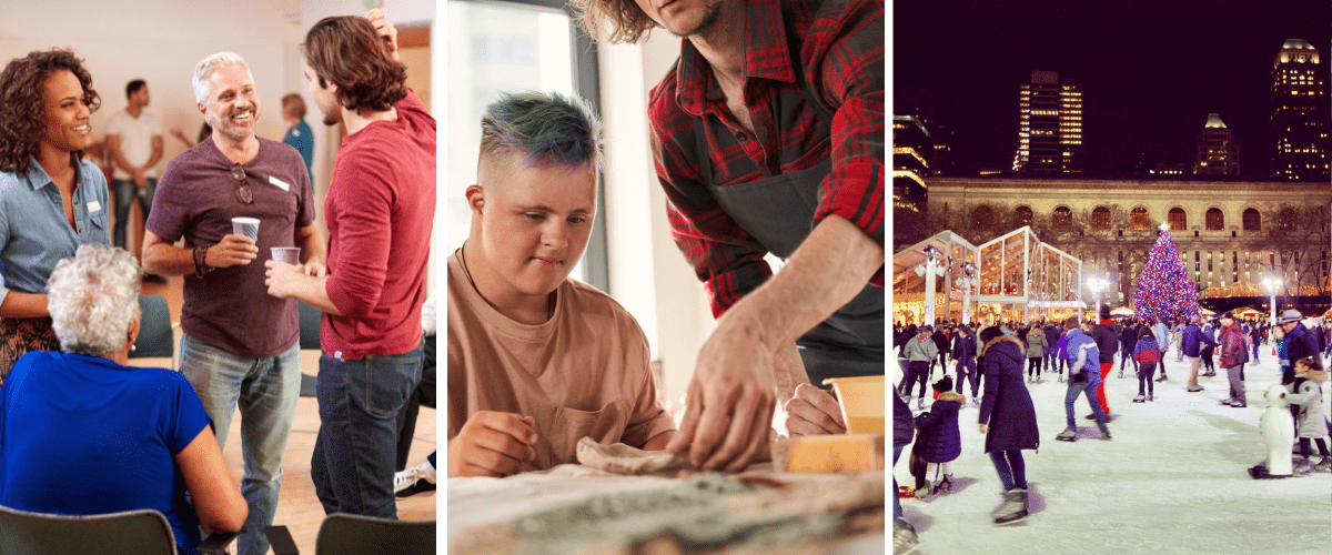 The left picture is of people chatting at a community centre. The middle picture is of people making pottery. The right picture is of people skating.