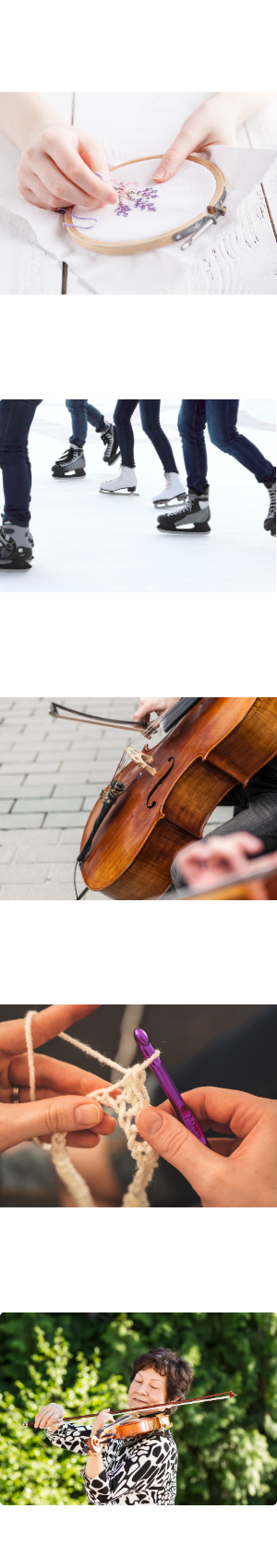 A person stitching a flower. A group of skaters. A cello being played A person crocheting A person playing a violin