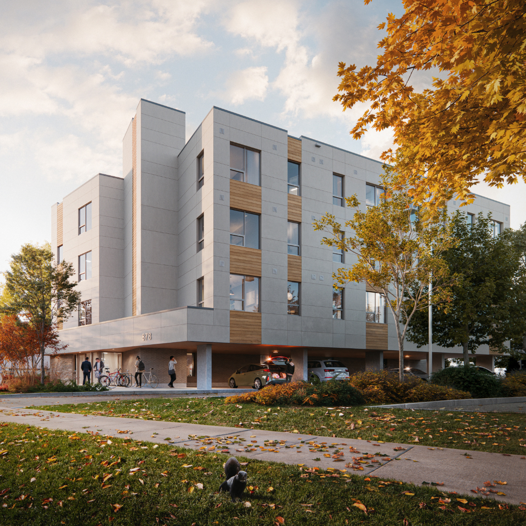 rendering of an affordable housing building project. Three stories, modern design with parking below.