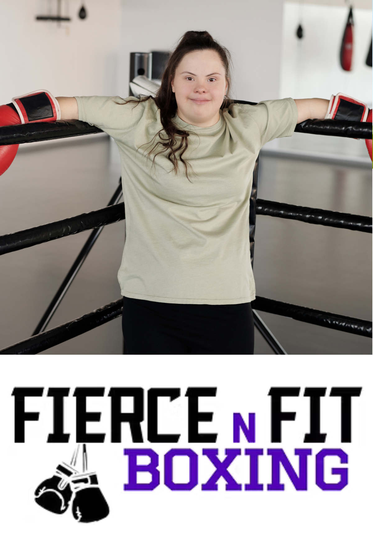 A person wearing boxing gloves leaning on the ropes of a boxing ring