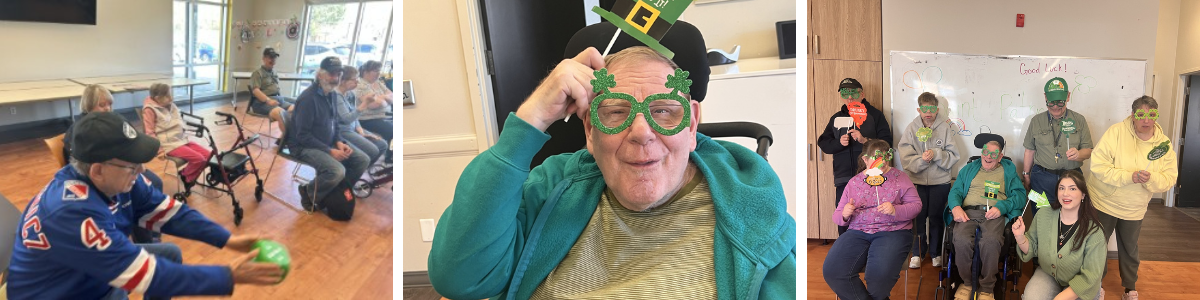 three photos in a collage of senior aged adults doing different activities indoors.