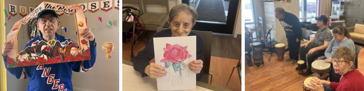 three photos in a collage of senior aged adults doing different activities indoors.