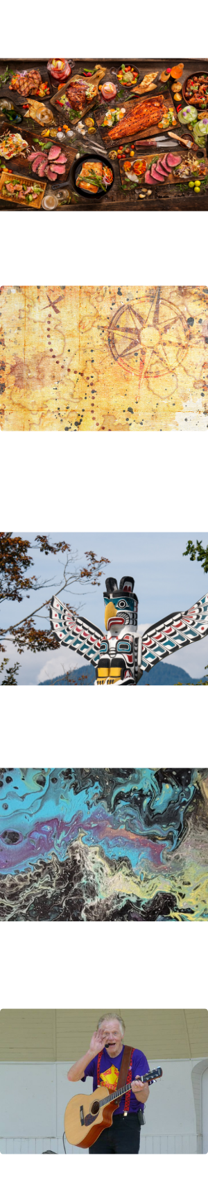 A delicious feast. A treasure map. A totem pole. A piece of paint pouring style art. Erick Traplin with his guitar smiling and waving.