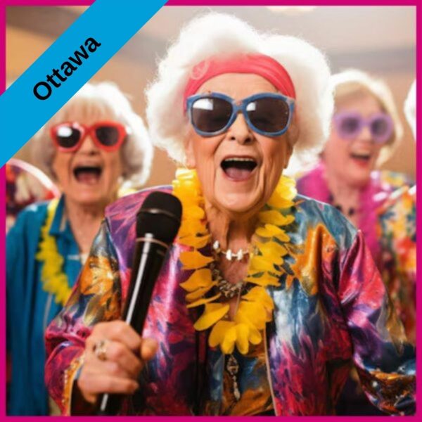 three white senior aged women wearing sunglasses, bright floral shirts and lei's. One is holding a microphone and they're having an amazing time.