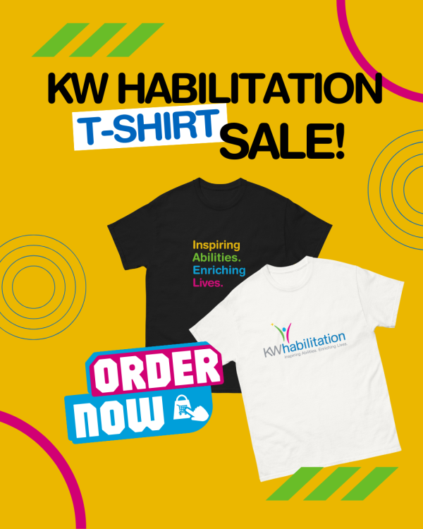 Poster with a yellow background that says KW Habilitation T-Shirt Sale and Order Now. There are photos of KW Habilitation t-shirts and some fun swirly graphics on the poster meant to entice people to buy them.
