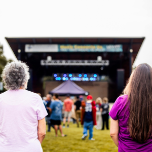 An audience at an outdoor concert at a park