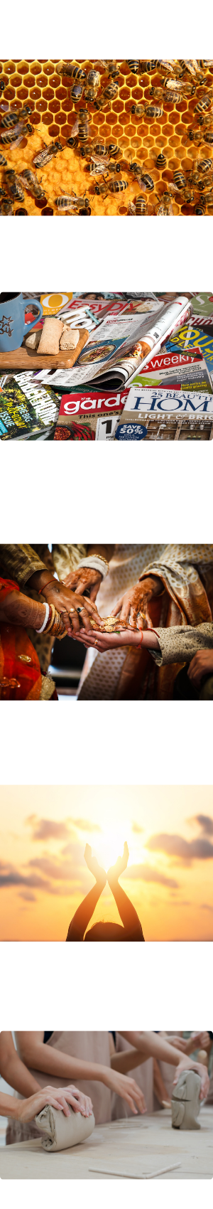 Bees in a honeycomb. A pile of scattered magazines. A group of indigenous people with their hands connected at the centre of a circle. A person holding their hands up to be aligned with the sun. A group of people working with clay.