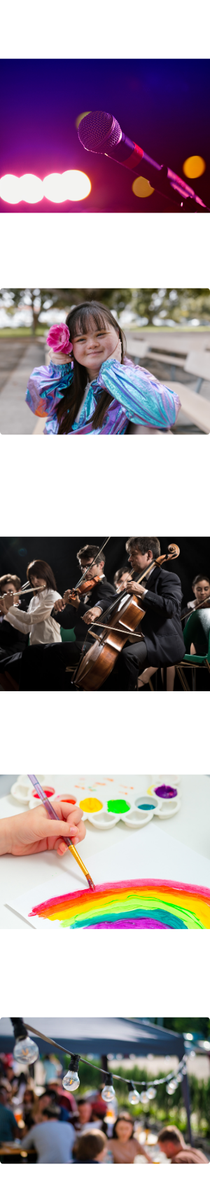 A microphone on a stage. A person wearing colourful clothing. An orchestra playing music. A person painting a rainbow. People socializing on a patio.