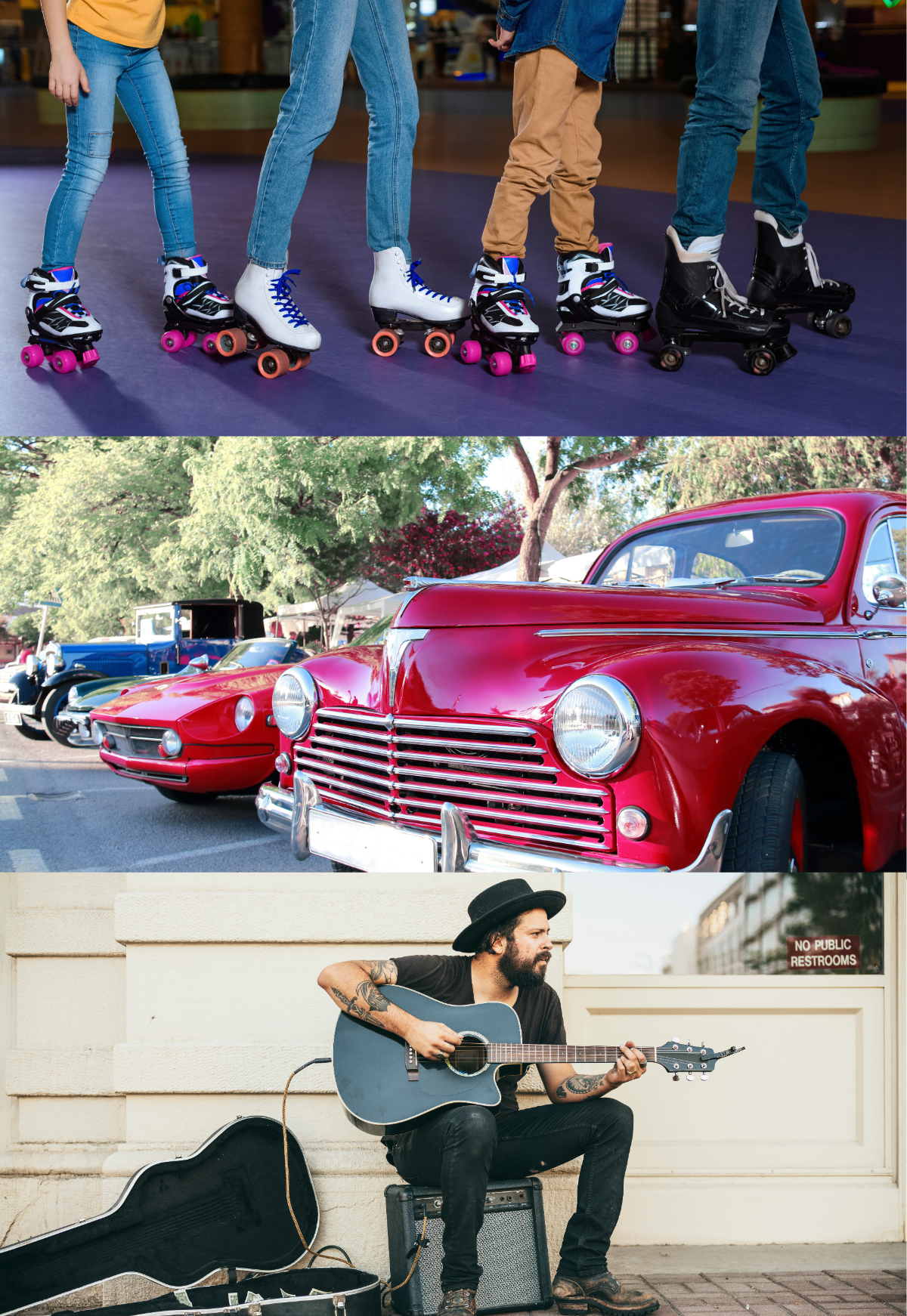 people on roller skate. classic cars. a person playing guitar while sitting on their amp
