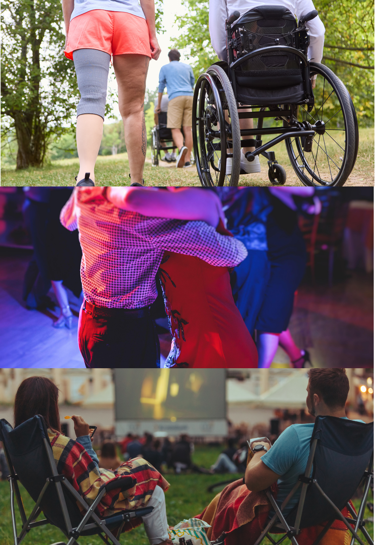 a walking group. a couple salsa dancing. a crowd gathered in a park for a movie.