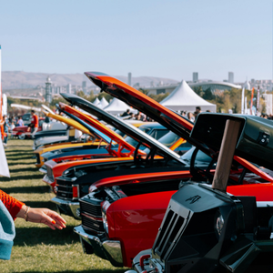 A big lineup of fancy old classic cars with the hoods propped opened to display the engines inside.