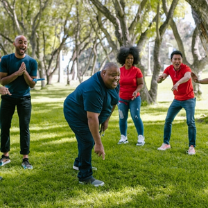 A person taking his turn playing a game outdoors while others around cheer him on excitedly.