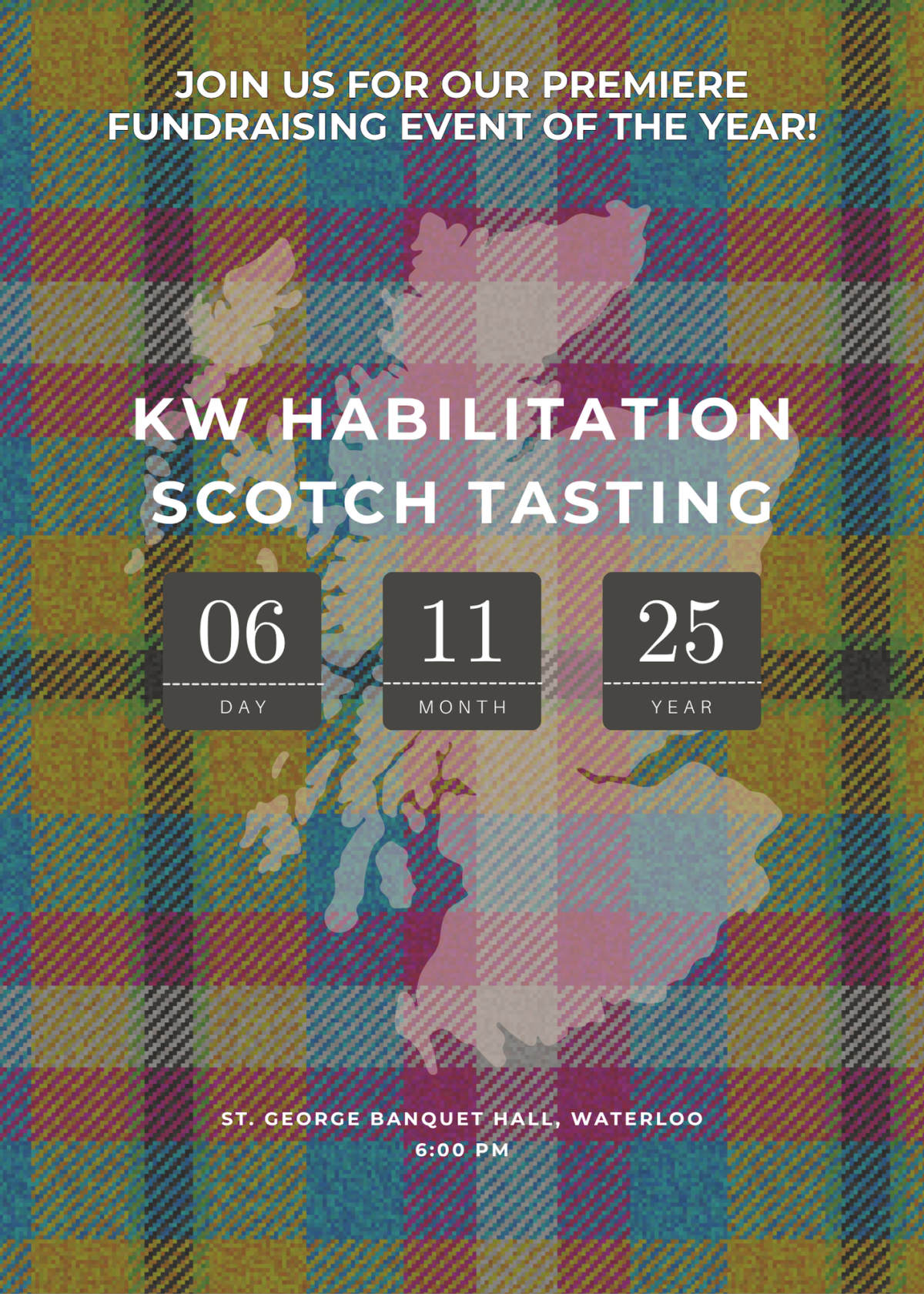KW HABILITATION Scotch Tasting Event Poster. November 11, 2025 at St. George Banquet Hall.