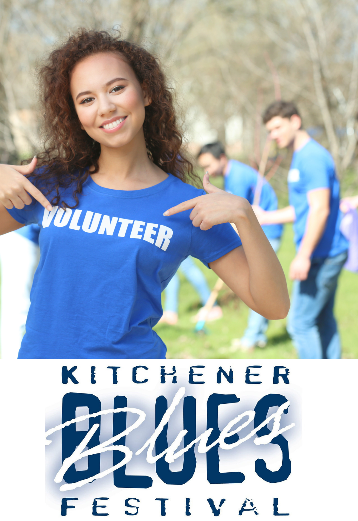 A person displaying that their shirt says "volunteer" on it. The Kitchener Blues Festival logo.