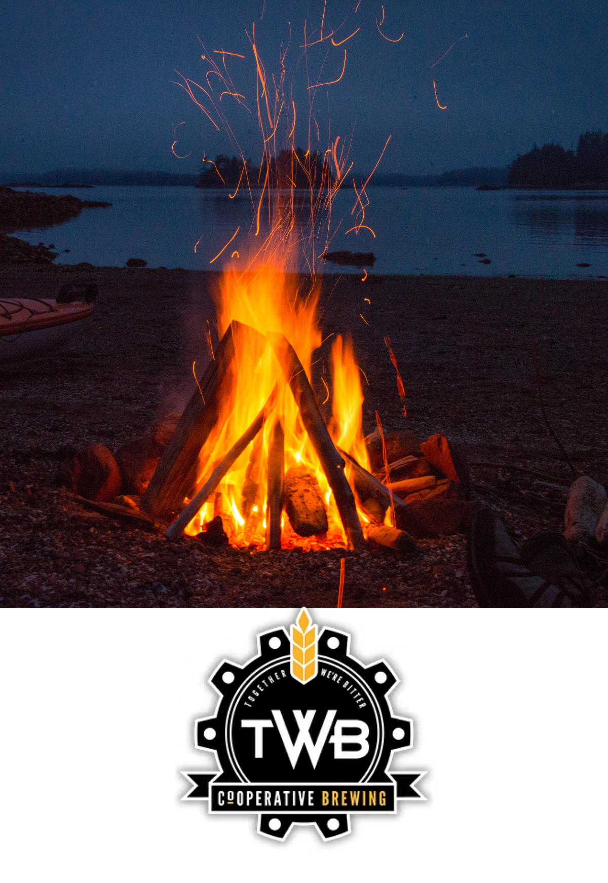 A blazing campfire. The TWB Brewing logo.