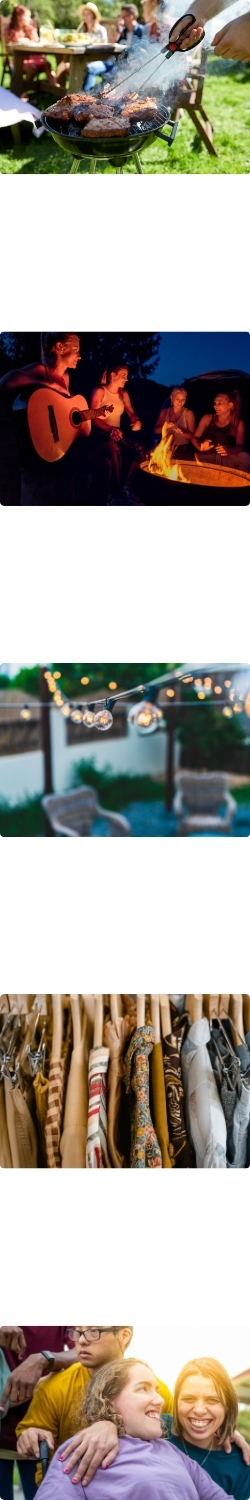A person grilling meet on a barbecue. People gathered around a camp fire and another person playing an acoustic guitar. A patio with string lights running across. A rack of different pieces of clothing. A group of friends smiling and enjoying each others' company.