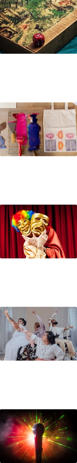 An ancient looking board game. A tote bag with painting supplies. A person performing theatre with masks. A group of people dancing. A karaoke microphone with lots of lights, colours and smoke.