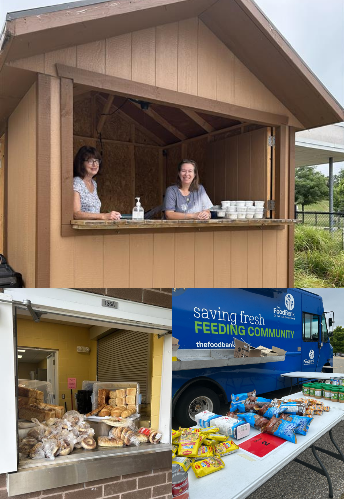 Two volunteers handing out meals at a window in a brown shed. A service window with lots of bread available from Cob's Bread. A Food Bank truck wish some groceries displayed on tables in front of it.