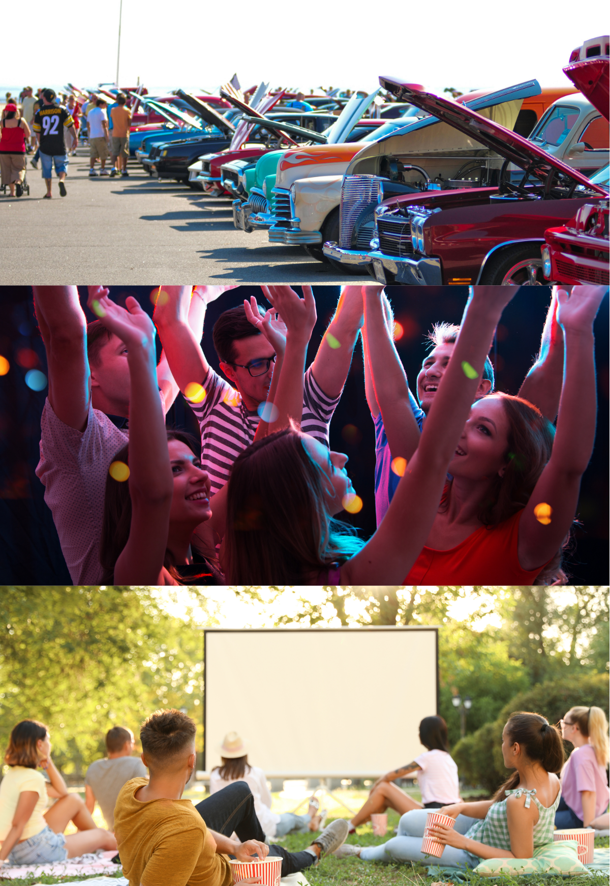 A line up of classic cars. A group of people dancing with their arms in the air. A group of people outdoors watching a movie on a large screen.